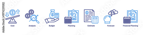 Cost Strategy web banner icon vector illustration with icons of Cost,Analysis,Budget,Planning,Estimate,Forecast and Financial Planning