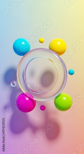 Colorful Spheres Orbiting a Clear Disc on a Gradient Background.
