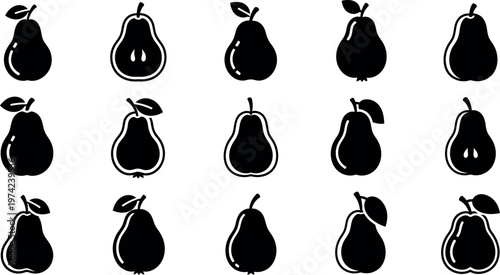 Black pears on white background fruit black and white