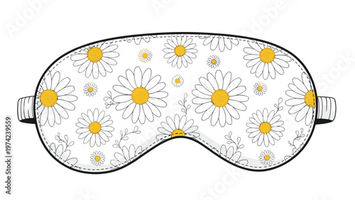 Floral sleep mask with beautiful white daisy pattern and yellow centers on white background for relaxing sleep.