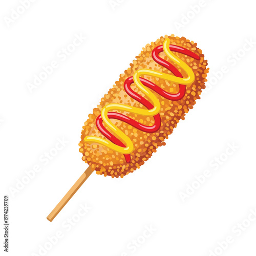 Crispy Corn Dog with Mustard and Ketchup Isolated on White Background Vector Illustration