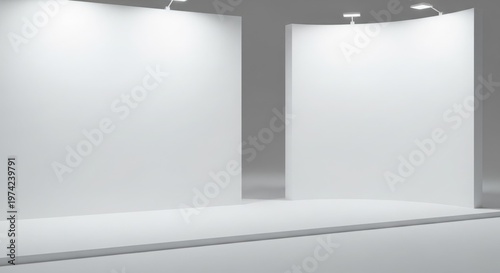 Two blank white display walls illuminated by spotlights in an empty exhibition space.