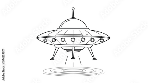 Extraterrestrial flying saucer UFO spacecraft landing on ground in detailed black and white line art illustration.