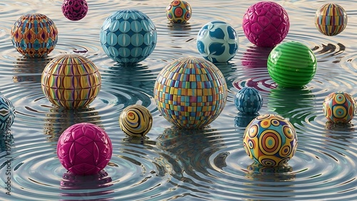 Colorful Spheres with Intricate Patterns Floating on Rippling Water Surface.