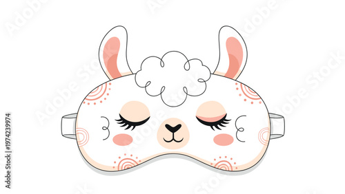 Cute llama sleeping mask for eyes with fluffy hair and colorful decorative patterns in hand drawn vector style.