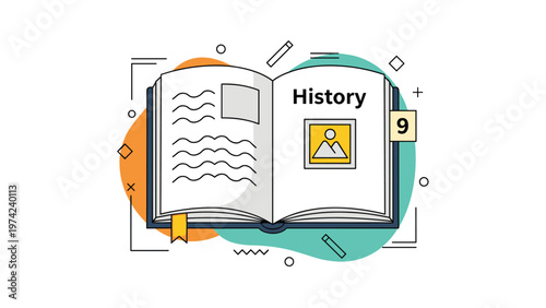 Open history textbook with bookmarks and decorative shapes in simple modern educational vector illustration.