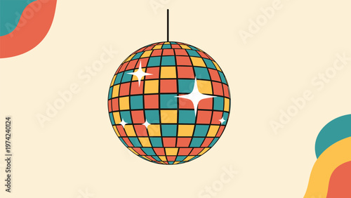 Retro disco ball with sparkling lights and colorful abstract background in vintage seventies or eighties style.