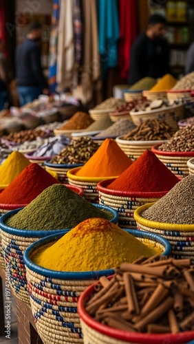 Colorful Spices in Baskets at a Market.