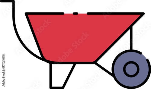 A red wheelbarrow with one wheel is prominently displayed outside in a garden or construction site setting with people nearby using tools.