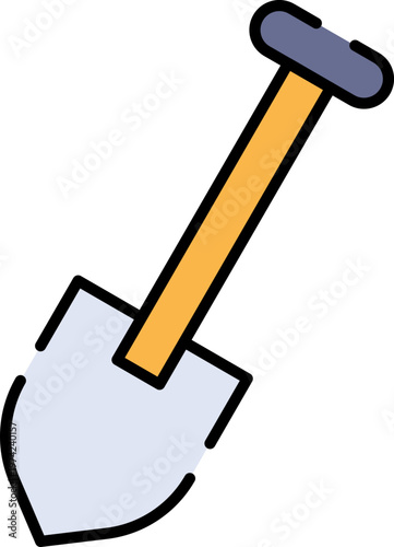 An illustration of a shovel with a wooden handle and metal blade