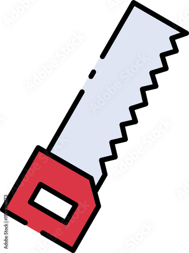 A close-up view of a colorful saw with a red handle and gray blade featuring jagged teeth.