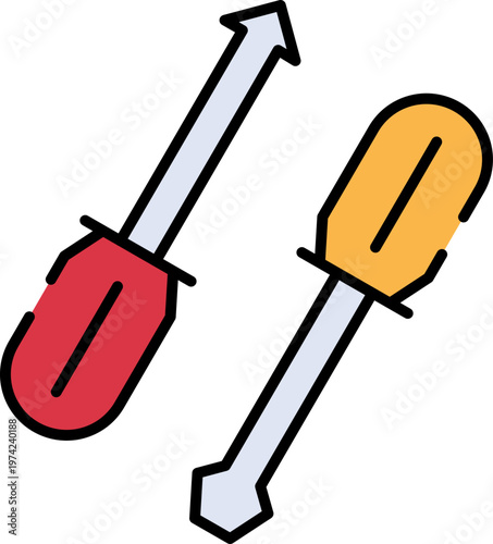 Two colorful screwdrivers crossed over each other with handles.