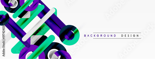 Abstract geometric shapes overlap, creating dynamic visual effect. Purple, teal colors dominate white background. Modern design element.