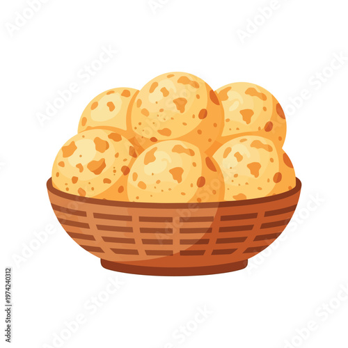 Cheese Bread Balls in Basket Vector Illustration Isolated on White Background