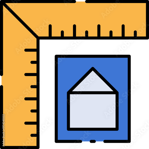 A graphic illustration of a house outline within a blue square surrounded by a ruler on a white background.