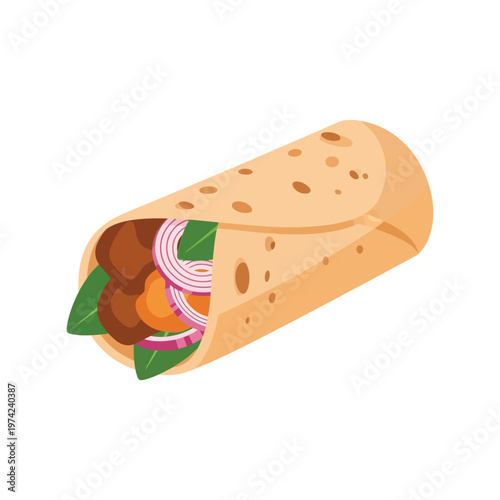 Burrito vector illustration of Mexican fast food wrap with vegetables and meat isolated on white