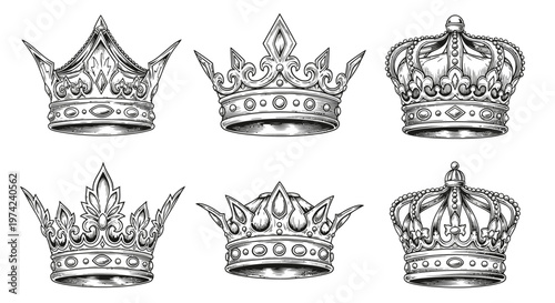 Six different royal metal crowns.