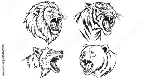 Roaring lion tiger wolf bear heads.