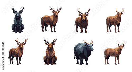 Group of deer and bison standing.