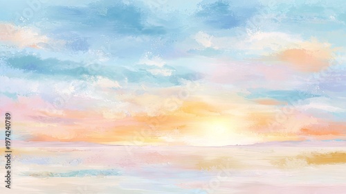 Soft watercolor pastel seascape sunrise background with sky and clouds for nursery wallpaper, decor and children room art