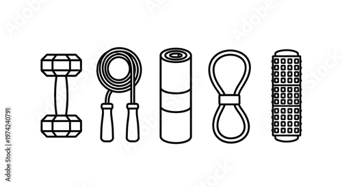 Fitness equipment icons line workout tools.
