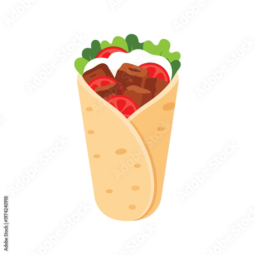 Shawarma Wrap Vector Illustration with Meat, Vegetables, and Flatbread Isolated on White