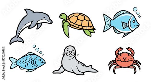 Cartoon sea creatures marine animals.