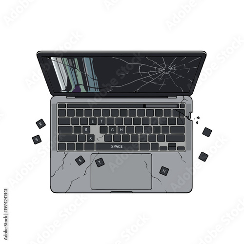 Broken laptop with cracked screen and keyboard on a plain background