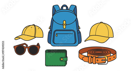 Collection of travel accessories objects.