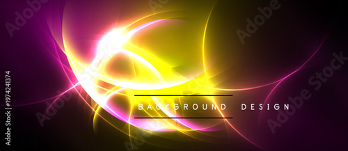 Bright abstract design features swirling light, vibrant colors. Purple, yellow hues dominate dark background. Modern, energetic composition.