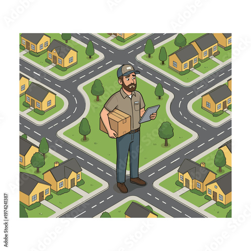 A delivery man stands on a street intersection holding a package and a tablet amidst suburban houses and roads.