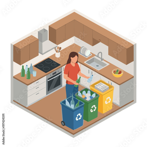 Woman sorts recyclables and trash in a modern kitchen with recycling bins.