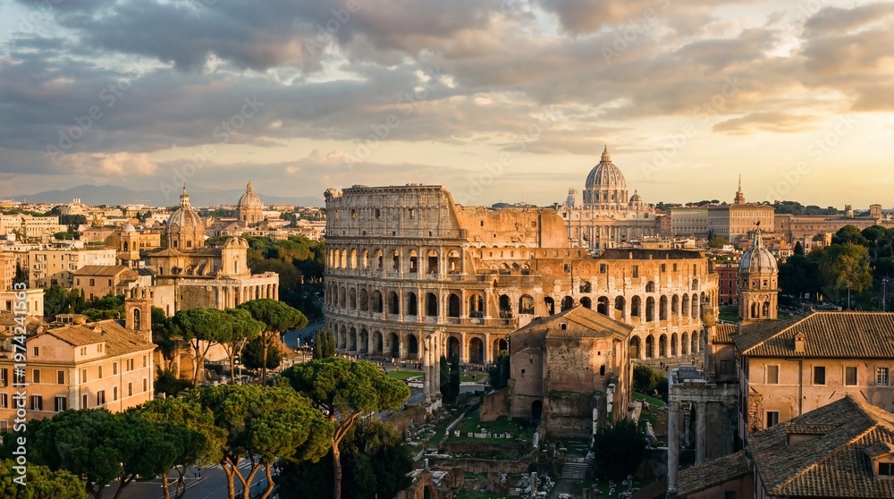 Fototapeta premium Majestic panoramic view of the ancient Roman Colosseum and cityscape in Italy