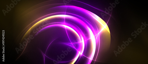 Bright purple energy swirls, golden highlights. Abstract design evokes motion, light, depth. Dramatic contrast creates visual impact.