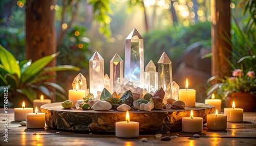 Serene forest scene with crystals and candles on wooden table