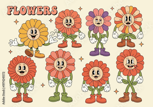 Retro Cartoon Flower Mascot Characters Set, Vintage 1930s Rubber Hose Animation Style Floral Illustrations, Groovy Hippie Daisy and Sunflower Graphics