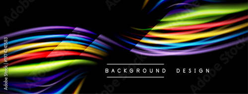 Abstract colorful waves flow across black background. Bright hues create dynamic visual effect. Modern design element.