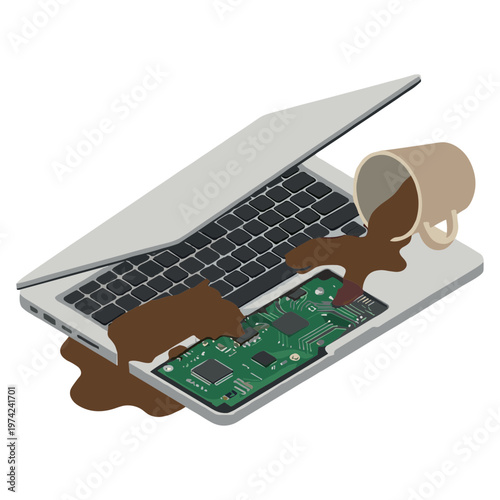 Brown liquid spills on laptop keyboard and internal circuit board from coffee cup