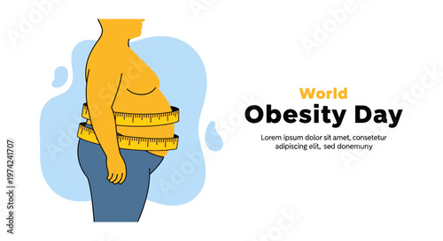 World Obesity Day Banner Illustration with Overweight Man and Measuring Tape