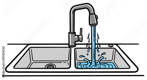 Water flowing from kitchen sink faucet.