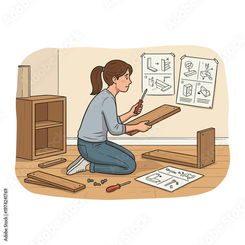 A woman assembles furniture in a room with instructions and tools.