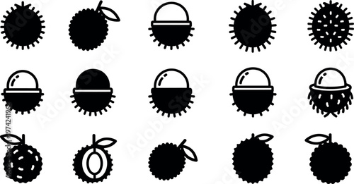 Black silhouettes of durian fruits and sections white background
