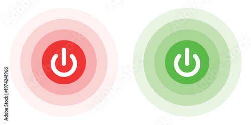 Power button on and off vector icon set  in red and green color. Power start and stop button template design. Energy switch sign. Vector illustration.