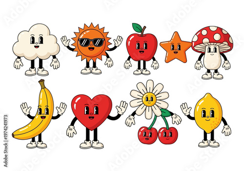 Retro 1930s Rubber Hose Cartoon Characters Collection - Vintage Mascot Illustrations of Sun, Heart, Mushroom, and Fruits