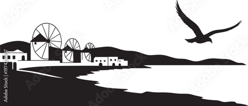 Coastal landscape with ferris wheels and flying seagull in silhouette in outline style