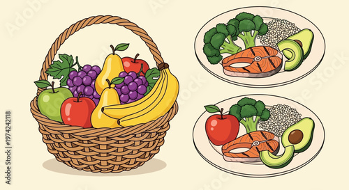 Healthy Eating Concept Illustration Featuring a Wicker Basket of Fresh Fruits and Plates with Grilled Salmon, Broccoli, Avocado, and Quinoa for a Balanced Diet