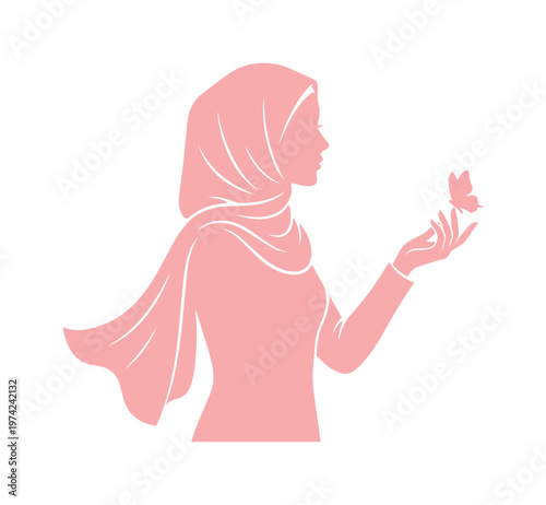 Pink silhouette of a Muslim woman in hijab with a butterfly, elegant female profile wearing headscarf, modest fashion vector illustration