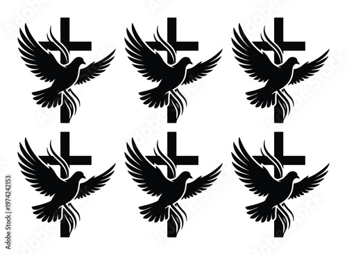 Religious Christian cross with flying dove silhouettes, set of 6 spiritual bird icons, black church symbols for funeral and memorial designs