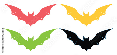 Minimalist flying bat silhouettes set, colorful Halloween bat icons in red yellow green and black, flat vector animal graphics for spooky decor