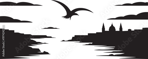 Seagull flying over water with city skyline and clouds at dusk in outline style